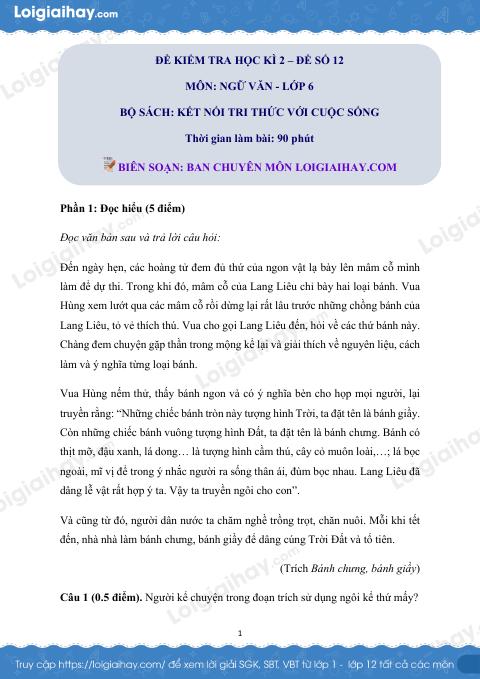 Đề thi học kì 2 Văn 6 Kết nối tri thức - Đề số 12